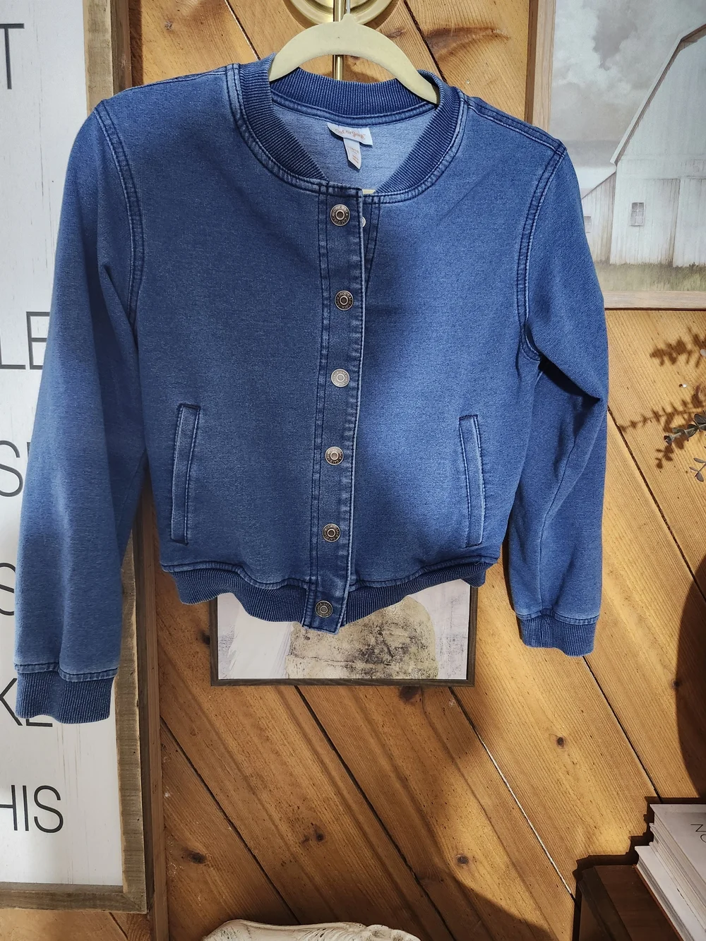 Cat & Jack Girls Denim Knit Bomber Jacket Blue Snap Front Cotton Blend L - 10 12